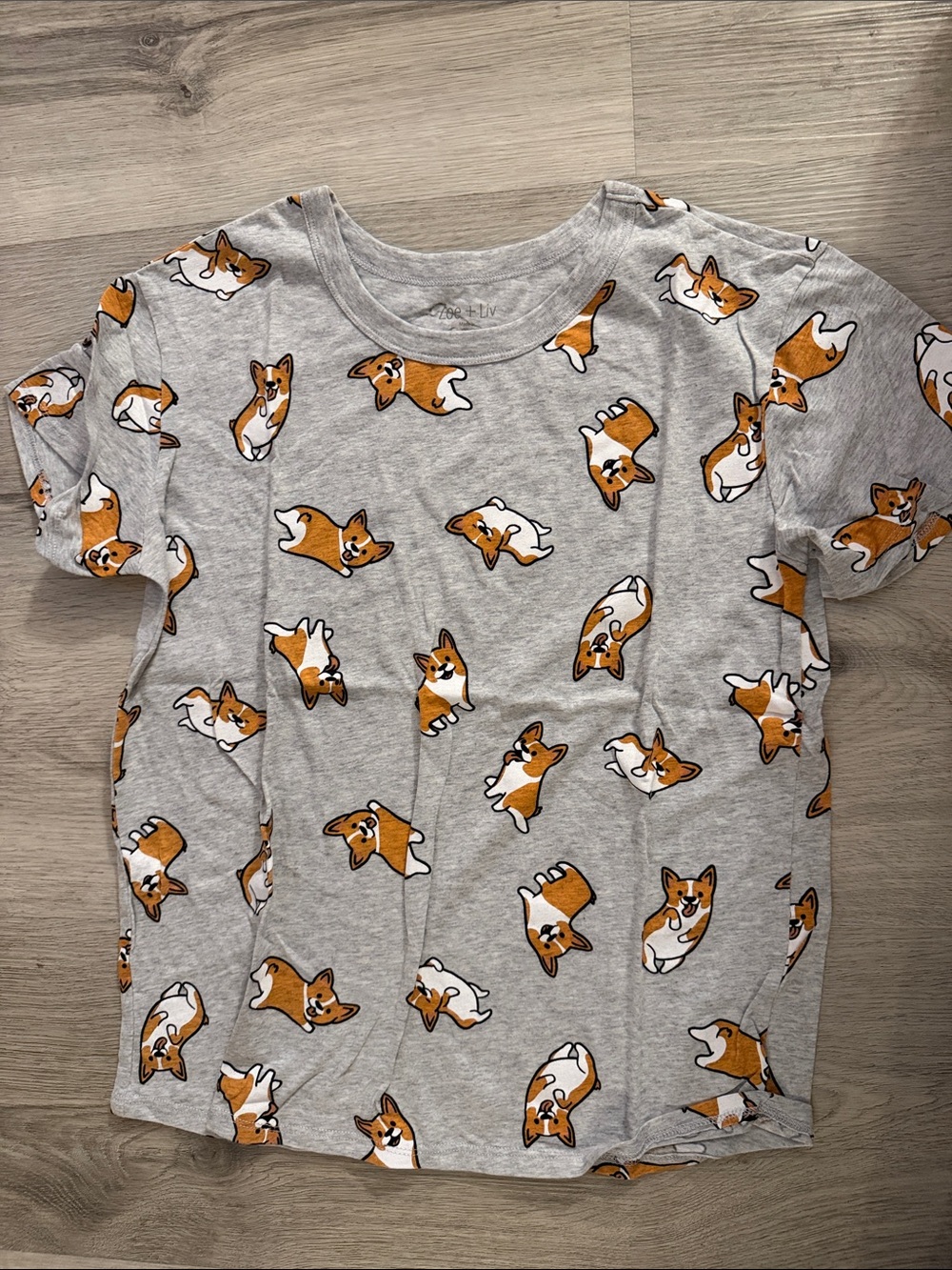 Zoe + Liv Gray Tee with Orange & White Corgi Print